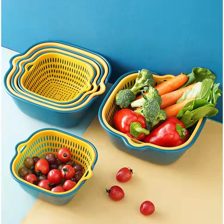 Cocina de doble capa de frutas y verduras cesta de drenaje de 6 piezas conjunto hogar multifuncional cesta de drenaje de plástico resistente a la gota de lavado de verduras cesta