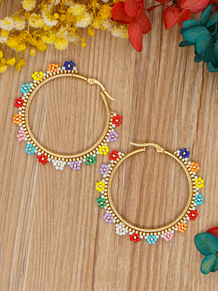 Beaded Material Miyuki Beads Color Flowers Stainless Steel Large Circle Bohemian Style Earrings Wholesale Jewelry Nihaojewelry