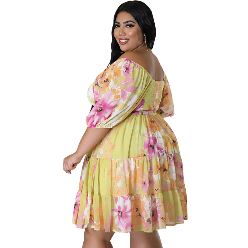 Plus Size Off Shoulder Floral Dress With Puff Sleeves, Flowy Swing Midi Dress For Women_ecoleips.com