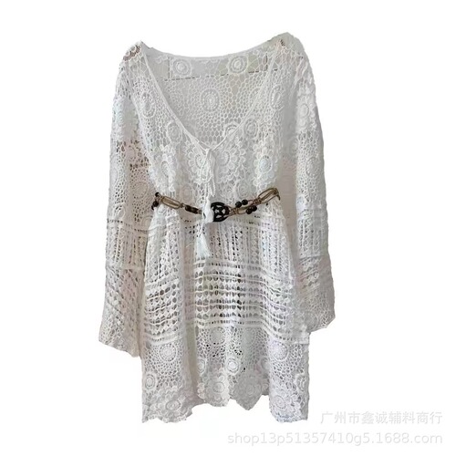 Thailand Vacation Long Sleeve Lace Tunic with Lace-up Hook and Loop Loose Spa Outerwear Knit Cover 