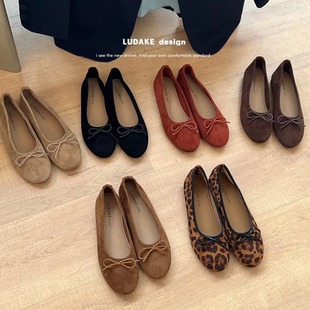 LUDAKE Deer Can Match Daily Gentle Shallow Mouth Ballet Shoes Bow Flat Pumps Leopard Print Single Shoes