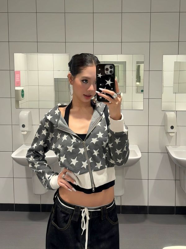 美式复古星星连帽开衫卫衣女短款辣妹休闲外套春秋设计感小众上衣|undefined