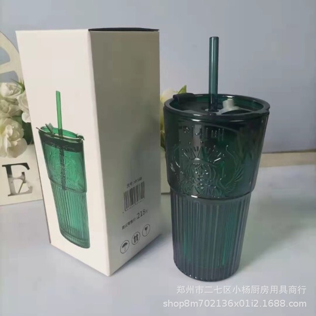 Starba Dark Green Goddess Cup Glass Straw Cup with Lid Glass Water Cup Gift Cup Popular Milk Tea Cup