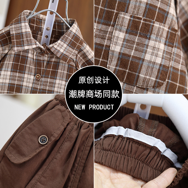 7240 Camisa a cuadros para niños de manga corta para niños pantalones cortos sueltos 2025 verano nuevos pantalones cortos estilo occidental bebé