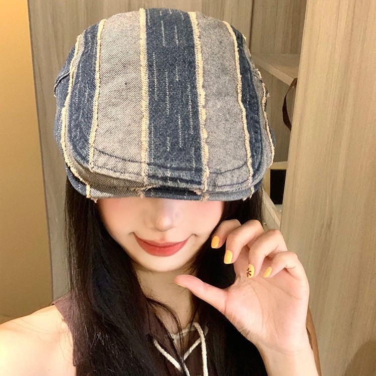 日系条纹做旧水洗牛仔前进帽女复古贝雷帽百搭显脸小鸭舌报童帽子|undefined