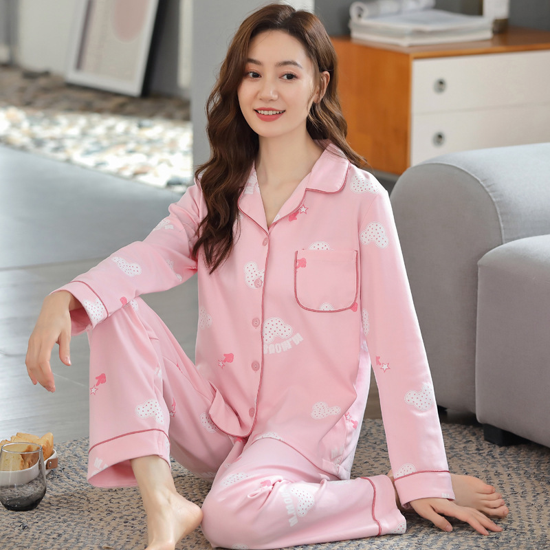 Traje % Pijama de algodón de manga larga impresa casual suelta primavera y otoño delgada ropa de aire acondicionado ropa para el hogar se puede usar fuera