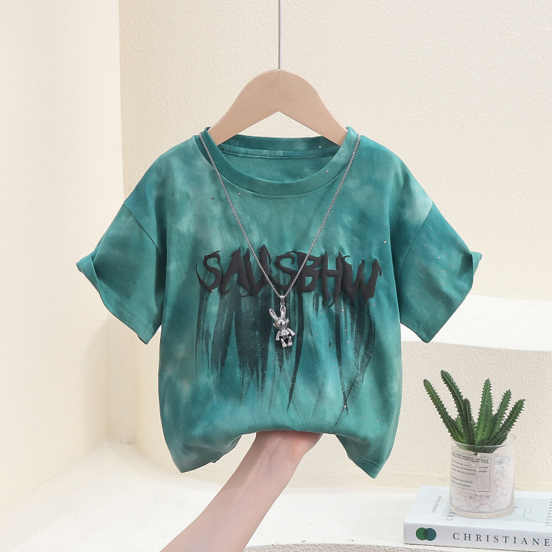 7840 Camiseta de manga corta de verano para niños 2025 nuevo estilo estilo occidental, tops de moda de bebé de media manga gradiente guapos para niños
