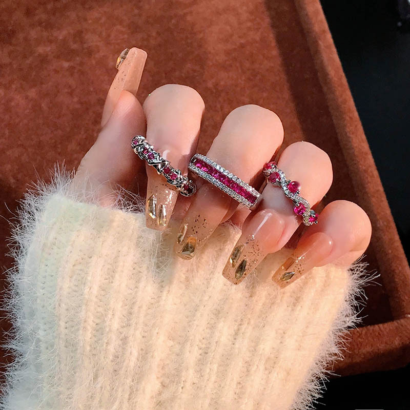 日韓新款玫紅甜美時尚開口戒指ins女閃鑽鋯石交叉高級感氣質指環