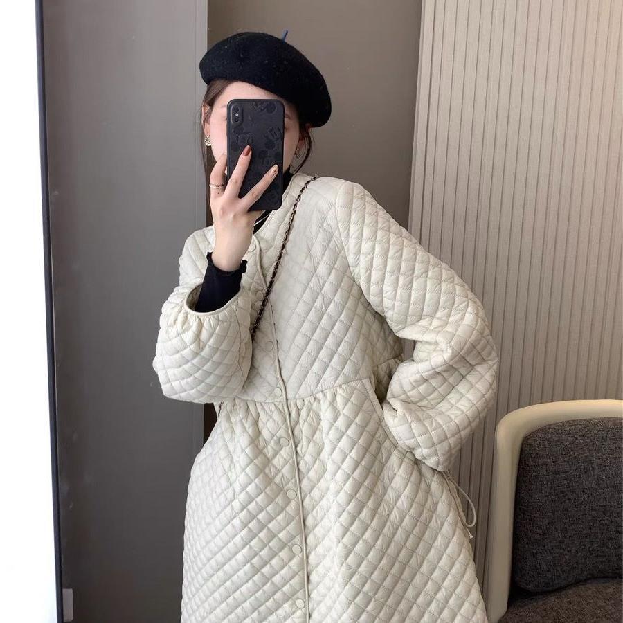 太太太火了 韩国ins复古菱格宽松轻薄棉衣裙中长款保暖棉服外套女