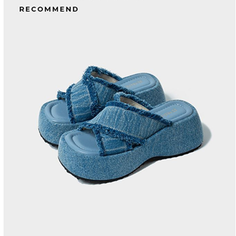 Design sense niche retro denim cross belt thick bottom slope heel sandals women summer casual beach slippers_voghion.com