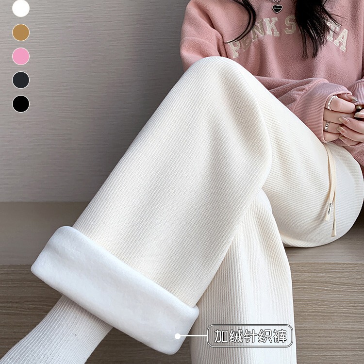 Fleece-lined thick narrow wide-leg pants women's autumn and winter 2023 new high waist slimming loose creamy-white straight casual pants Fleece-lined thick narrow wide-leg pants women's autumn and winter 2023 new high waist slimming loose creamy-white straight casual pants