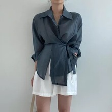 韩国新款chic设计感不规则系扣翻领长袖女式衬衫薄款气质简约上衣
