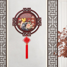 新中式圆形装饰画入户玄关五福临门餐厅实木浮雕画玉石画玉雕挂画