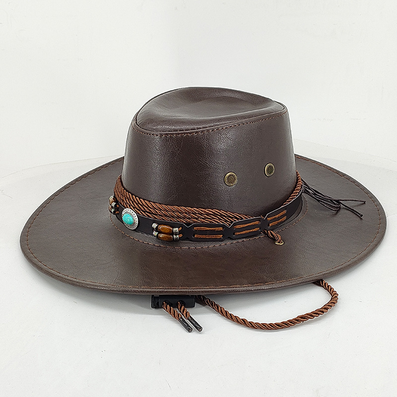 Unisex Ethnischer Windschatten Western Cowboyhut Glänzender Retro Leder Outdoor Sonnencreme Gerollter Ritterzylinder_voghion.com