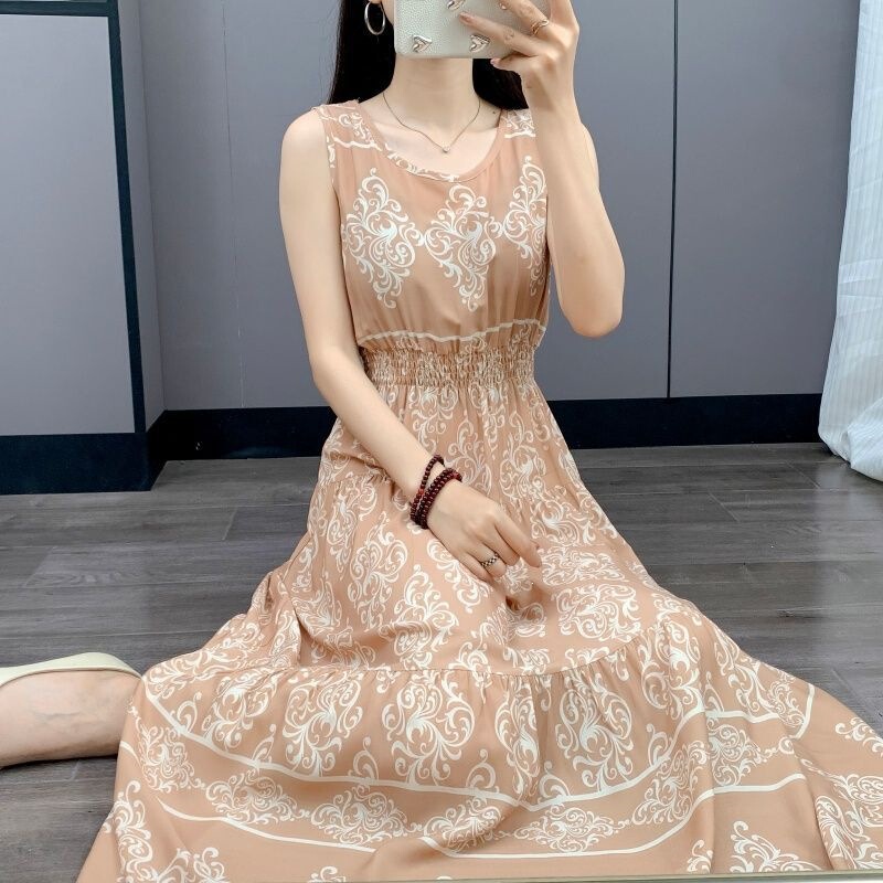 Summer Bohemian Style Slim Fit Long Dress with Waist Cinching, Plus Size, Sleeveless Printed Cotton Dress