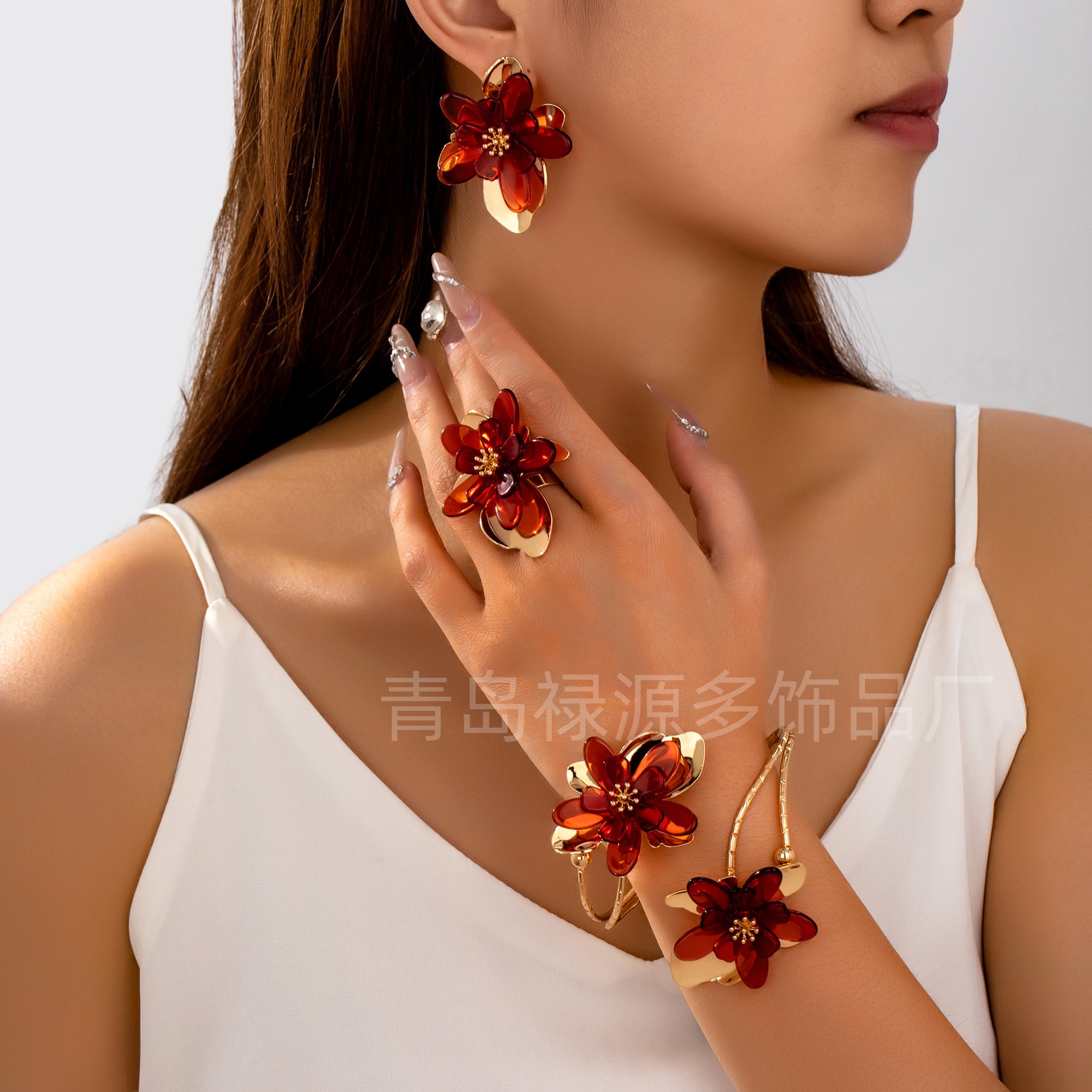European and American Cross-Border Earrings Simple Oil Dripping Flower Set Sweet Dopamine Stereo Flower Women's Jewelry