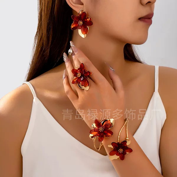 European and American Cross-Border Earrings Simple Oil Dripping Flower Set Sweet Dopamine Stereo Flower Women's Jewelry