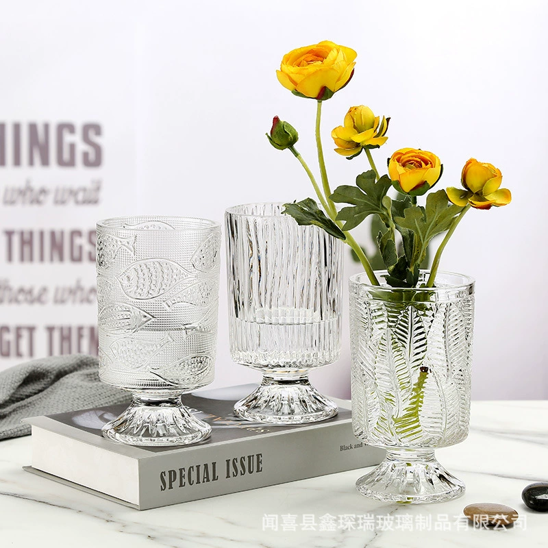 Французская винтажная высокая прозрачная стеклянная ваза с рельефным узором для живых цветов, украшение для домашнего обеденного стола, высокая ваза