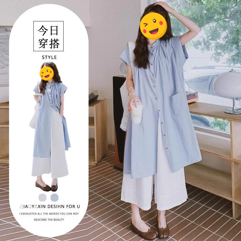Single Piece/Summer American Style Chic Elegant Blue Shirt Dress with French Style Dape Elegant White Wide Leg Pants Trendy Single Piece/Summer American Style Chic Elegant Blue Shirt Dress with French Style Dape Elegant White Wide Leg Pants Trendy