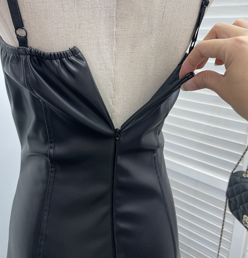 Real Shot Sexy Sling Sheath A line Faux Leather Waist Slimming Short Chest Pad Dress