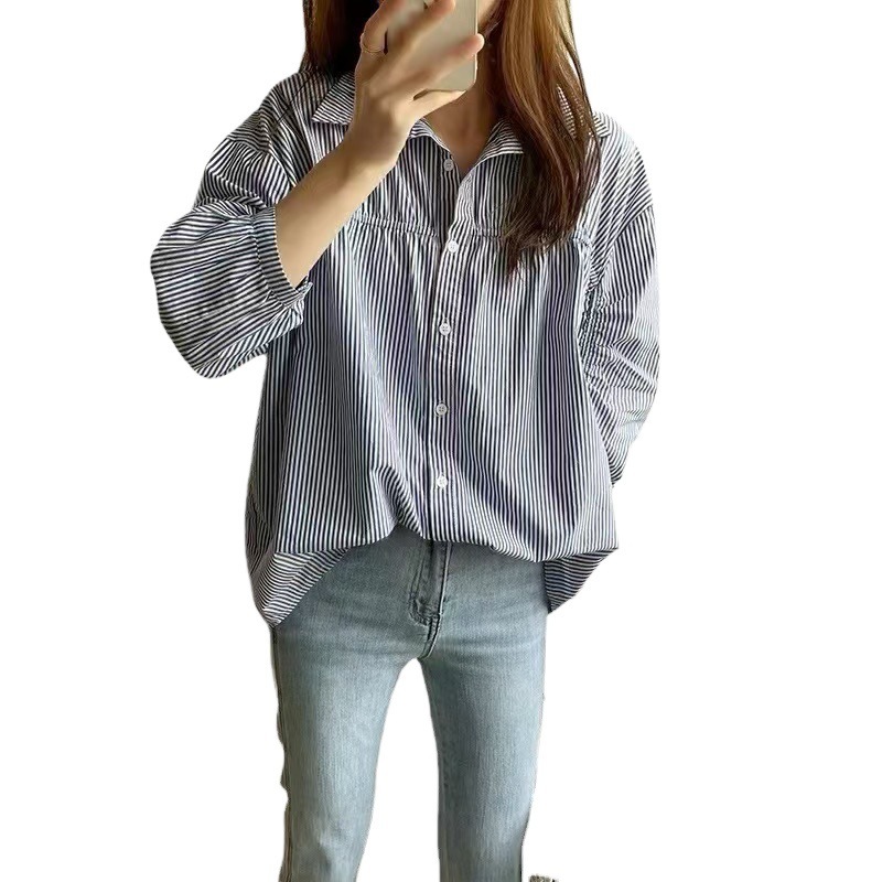 跨境秋季新款设计感小众衬衫薄款韩版泡泡袖抽绳七分袖条纹衬衣女|undefined