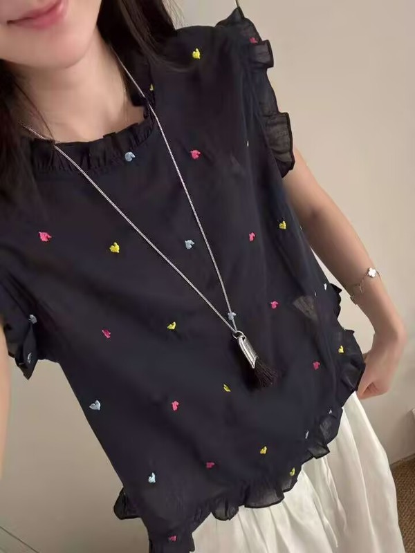 韩系木耳边彩色爱心印花后背系扣无袖衬衫2025夏季新款女洋气上衣|undefined