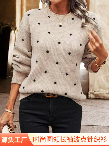 Women's European and American Cross-border Fashion Round Neck Long Sleeve Hooded Sweater Top with Polka Dot Embroidered Knit Shirt for Autumn
