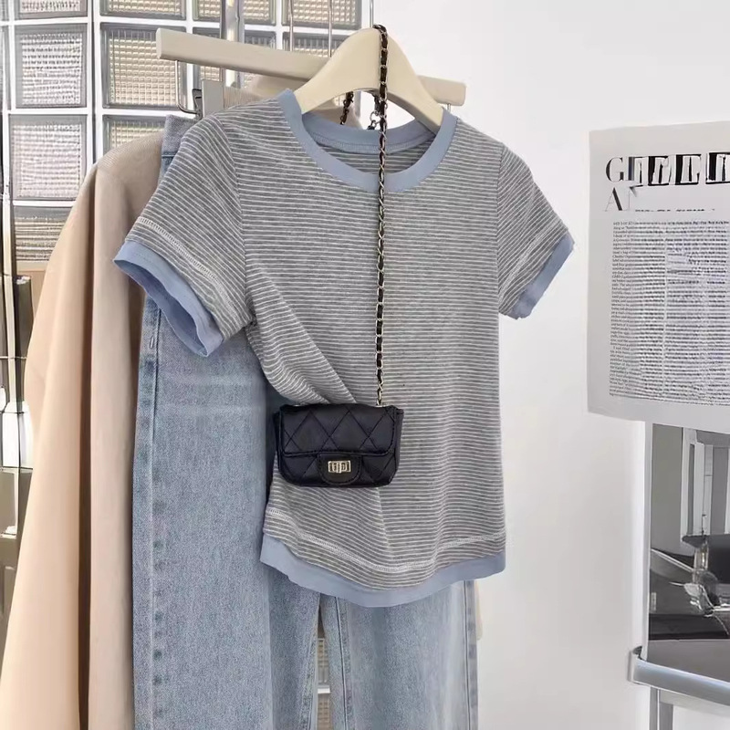 Blue Striped Fake Two-piece Pure Cotton Shoulder Short-sleeved T-shirt Women's Summer Design Sense Small Slim-fit Contrast Color Top