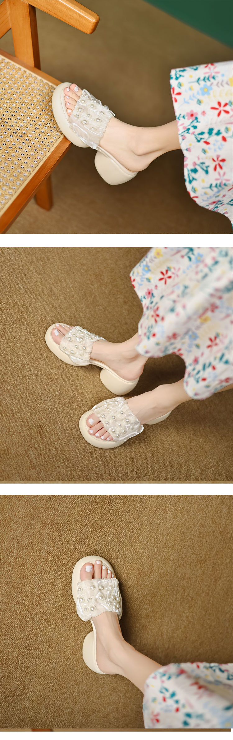 Dép sandal nữ quai chữ V đính ngọc trai, đế xuồng cao gót 9 cm — màu đen, màu trắng ngà chi tiết 8