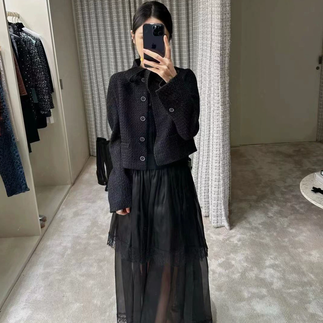 Деми-сезонный тканевый короткий жакет с бантом, стиль Chanel, приталенный силуэт