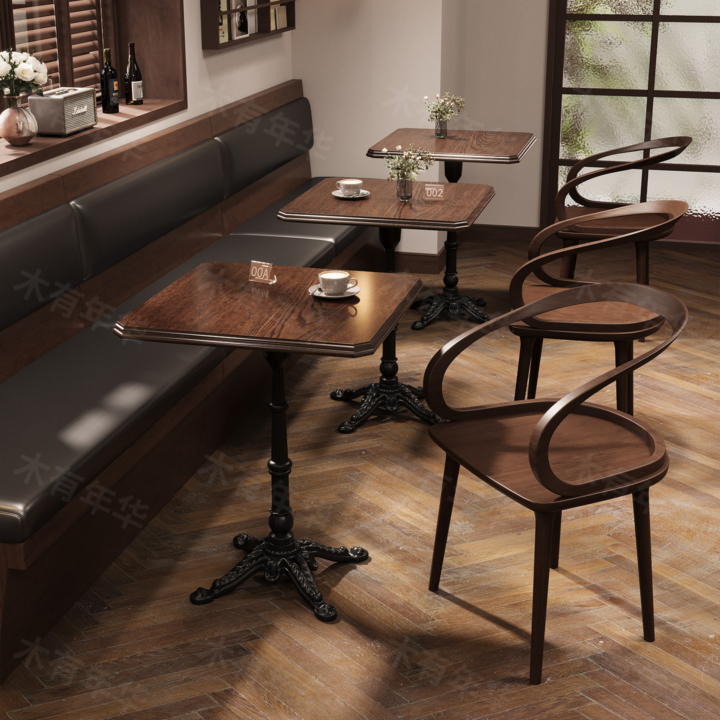 Mesa y silla de pastelería estilo retro americano café y té restaurante dulces tienda de agua de azúcar mesa redonda bar asiento de madera sólida comercial