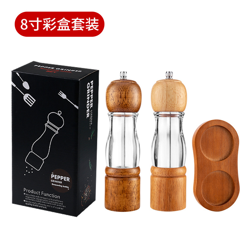 Amoladora de pimienta de madera transparente base traje cocina pimienta sal marina Molino de pimienta negro hogar camping condimento botella