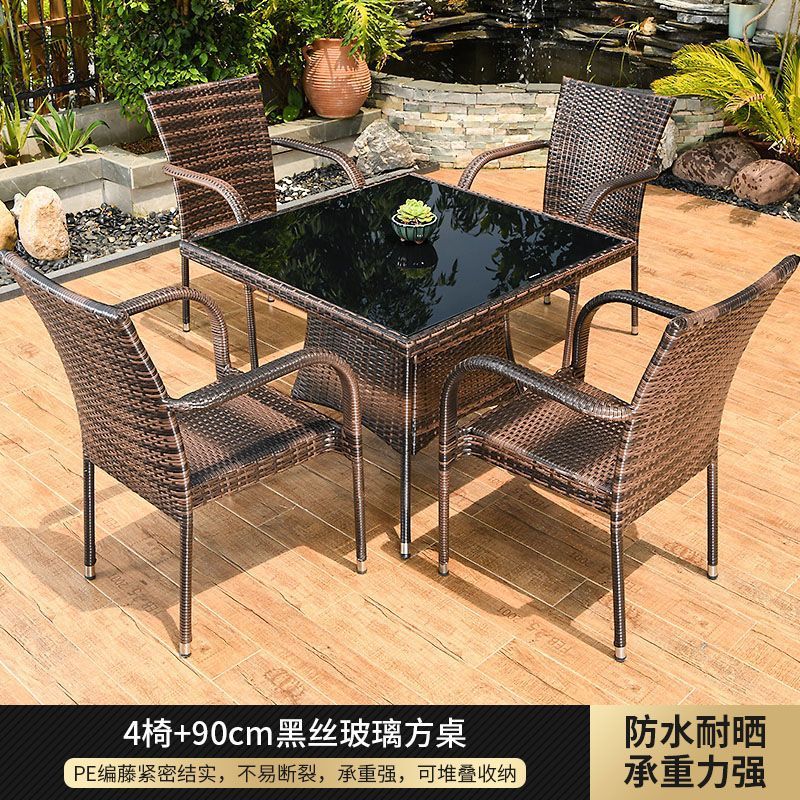 (프리쿠션) 의자 4개 + 90cm 블랙 실크 유리 사각 테이블