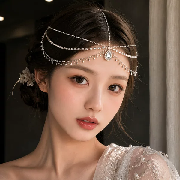 New gold rhinestone tassel hair chain for women, high-end bridal wedding dress travel photo shoot banquet water drop pendant headpiece