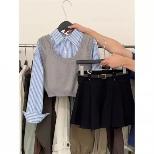Spring and Autumn Gentle Style Women's Korean Version Youthful Blouse Matching Vest High-Waist Short Skirt Three-Piece Set