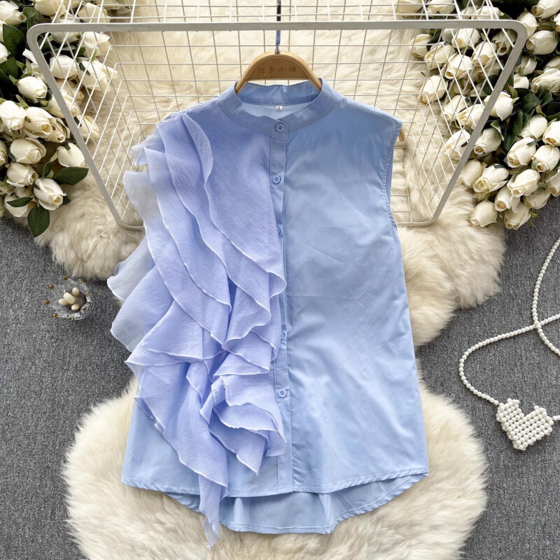 European Shirt Women's Design Sense Multi-Layer Ruffled Stitching Elegant Small Vertical Collar Buckle Slim-Fit All-Match Vest Top