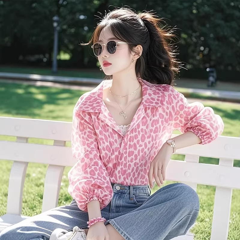 Áo sơ mi nữ cổ bèo tay bồng phối màu tương phản kiểu Pháp — màu hồng chi tiết 5