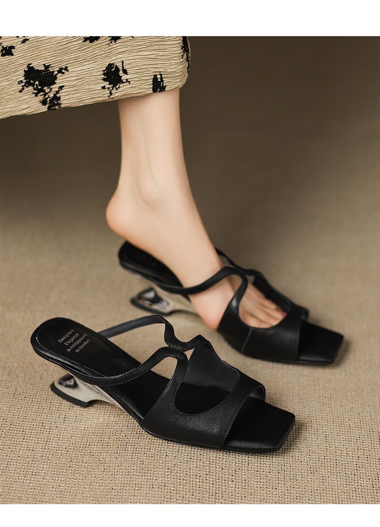 Sandal nữ da bò mũi vuông hở ngón gót lạ mắt — màu đen, màu trắng ngà, bạc chi tiết 11