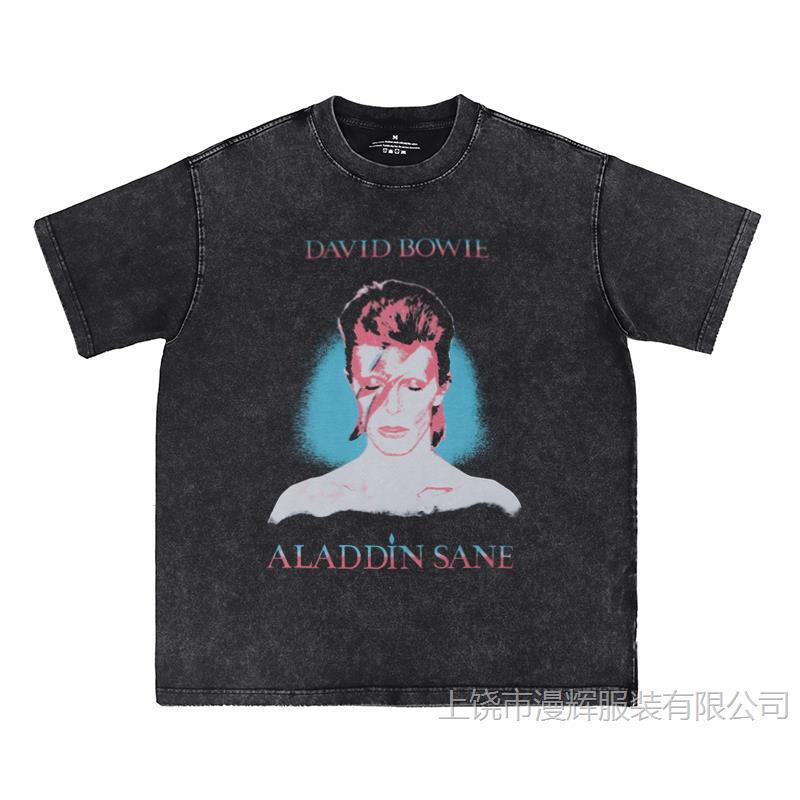 Digital Direct Wash Antique Grey David Bowie Rock Band Retro American Short Sleeve T-Shirt
