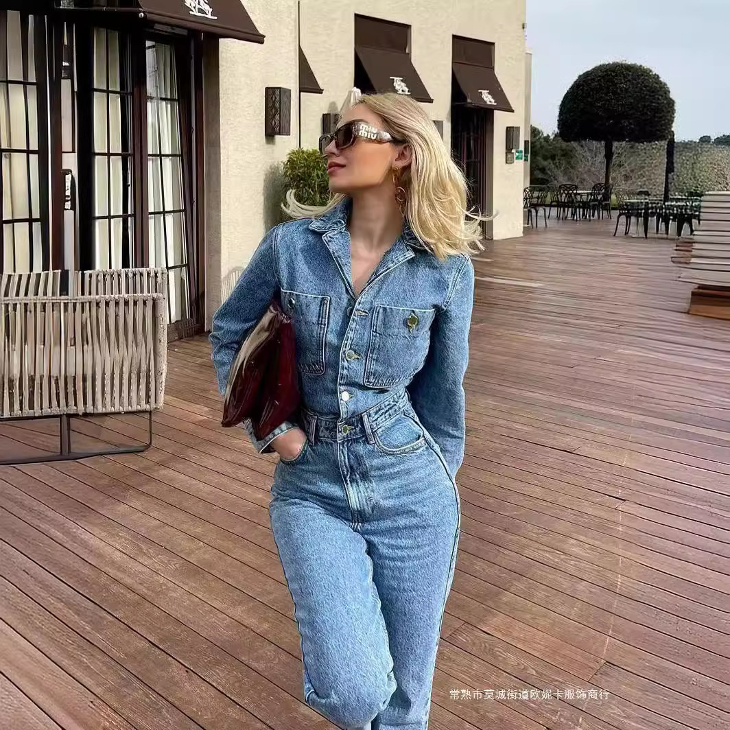 Spring and Autumn New Women's European and American Suit Collar Bag Decorative Waist Straight-Leg Denim Jumpsuit Trousers