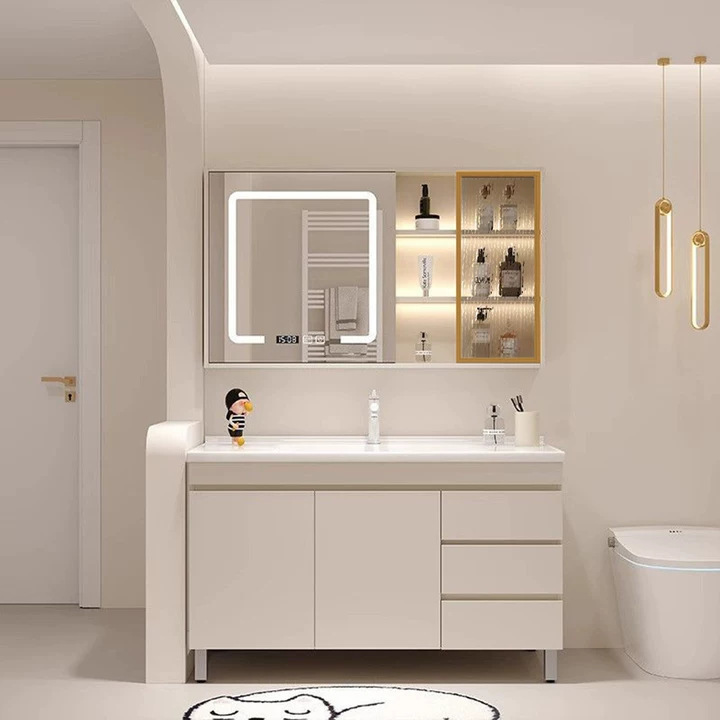 Bathroom Bathroom Cabinet Cream Combination Hand-Washing Ceramic Washbasin Integrated Modern Wash Simple Smart Floor-Standing