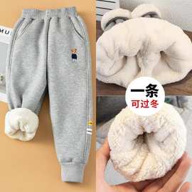 新款冬季加绒男童卫裤儿童加厚运动裤可爱卡通小熊小男孩保暖棉裤