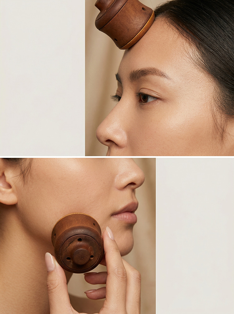 Walnut Wood Bian Stone Moxibustion Jar with Massage Gua Sha for Home Meridian Care and Warm Moxa Therapy in use