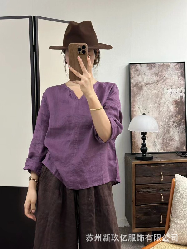 亚麻T恤衫女2025秋季新款纯色简约百搭长袖V领宽松小衫上衣|undefined