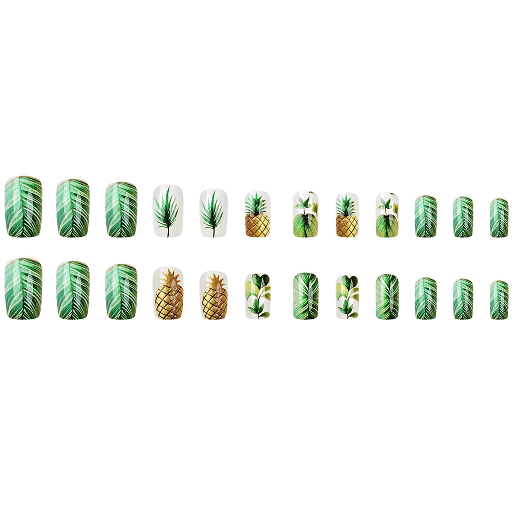 Transfronterizo estereoscópico estilo tropical manicure verde dorado piña desgaste uña larga 24 piezas parche de uñas terminado