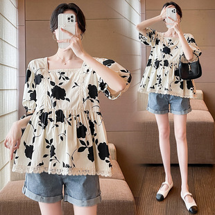 2024 Pregnant Women's Summer Suit Fashionable Korean Style Outer Wearing Western Style Ink Painting Pregnant Women's Top Summer Doll Shirt Shirt