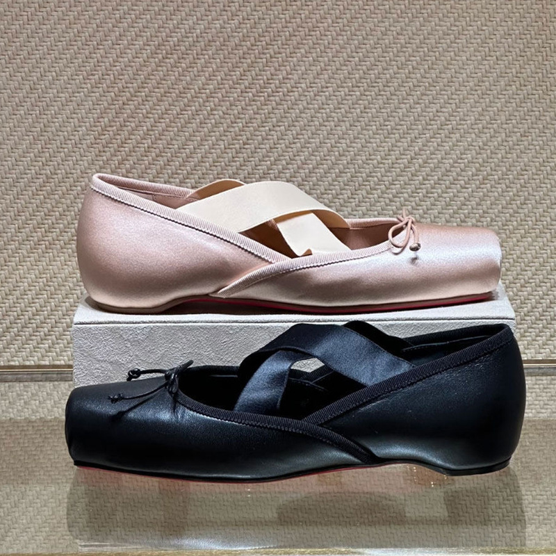 Sheepskin Version~4Cm Hidden Heel Cross-Strap Square-Toe Ballet Shoes for Women, Red Sole Genuine Leather Shallow-Mouth Single Shoes, Mary Jane Shoes