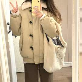 美式复古羊羔毛绒外套女秋冬季新款翻领夹克宽松加绒加厚棉衣棉服