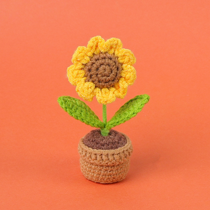 完成品クロスボーダー手作りウールかぎ針編み忘れなしひまわり模擬花鉢植えクリエイティブデスクトップ装飾品車の装飾造花|undefined