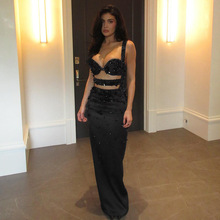 欧美新款时尚女装手工绣珠吊带修身包臀连衣裙紧身绷带裙礼服长裙